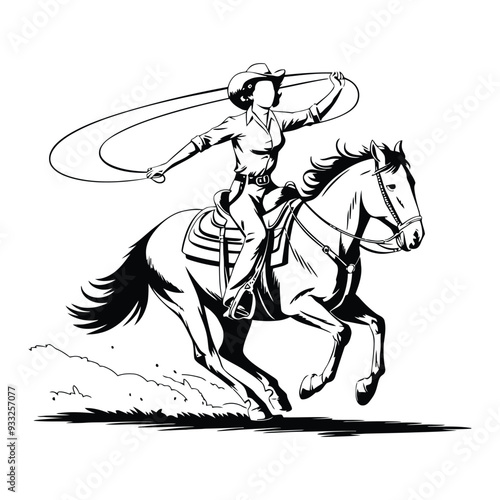 cowgirl riding horse with lasso