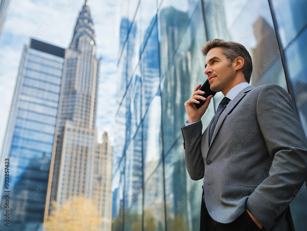 A confident businessman in a gray suit talking on his smartphone in a modern urban environment with tall glass buildings in the background, reflecting a busy city life. A confident businessman in a gray suit talking on his smartphone in a modern urban environment with tall glass buildings in the background, reflecting a busy city life.