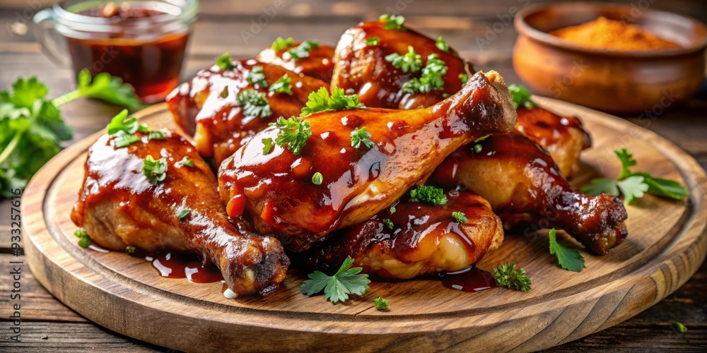 Crisp and caramelized, this glazed chicken is dipped in a rich, velvety barbecue sauce with a sweet and tangy balance of flavors. Crisp and caramelized, this glazed chicken is dipped in a rich, velvety barbecue sauce with a sweet and tangy balance of flavors.