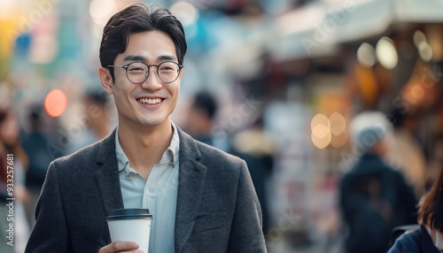 Handsome Asian businessman with glasses, coffee cup, walking on street, people in background, smiling.