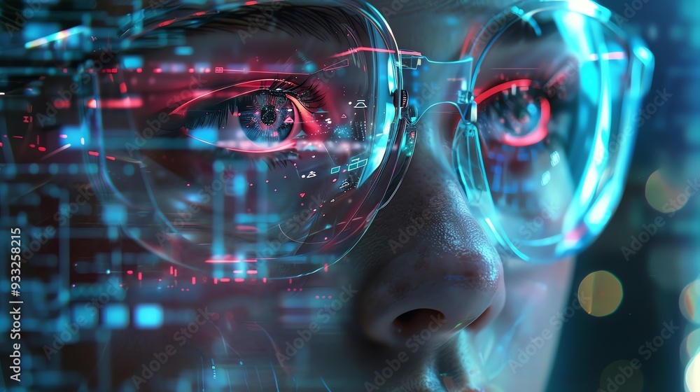 Close-up of a person wearing futuristic glasses with digital interface reflections, depicting advanced technology and innovation. Close-up of a person wearing futuristic glasses with digital interface reflections, depicting advanced technology and innovation.
