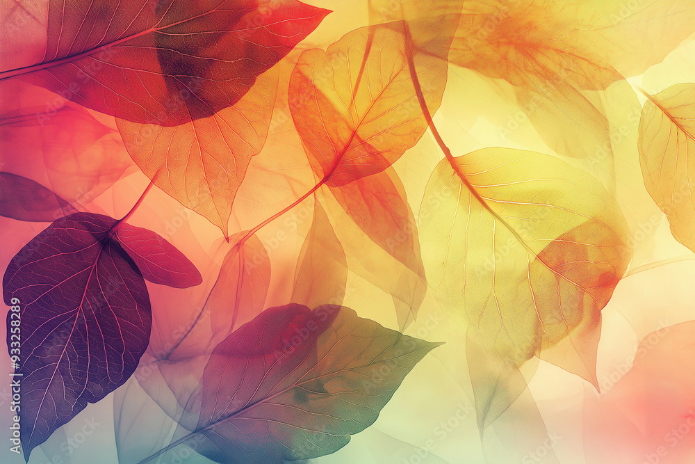 A vibrant composition of overlapping translucent leaves in autumn hues, creating an ethereal, dreamy atmosphere. The image evokes a sense of tranquility and natural beauty, perfect for seasonal design A vibrant composition of overlapping translucent leaves in autumn hues, creating an ethereal, dreamy atmosphere. The image evokes a sense of tranquility and natural beauty, perfect for seasonal design