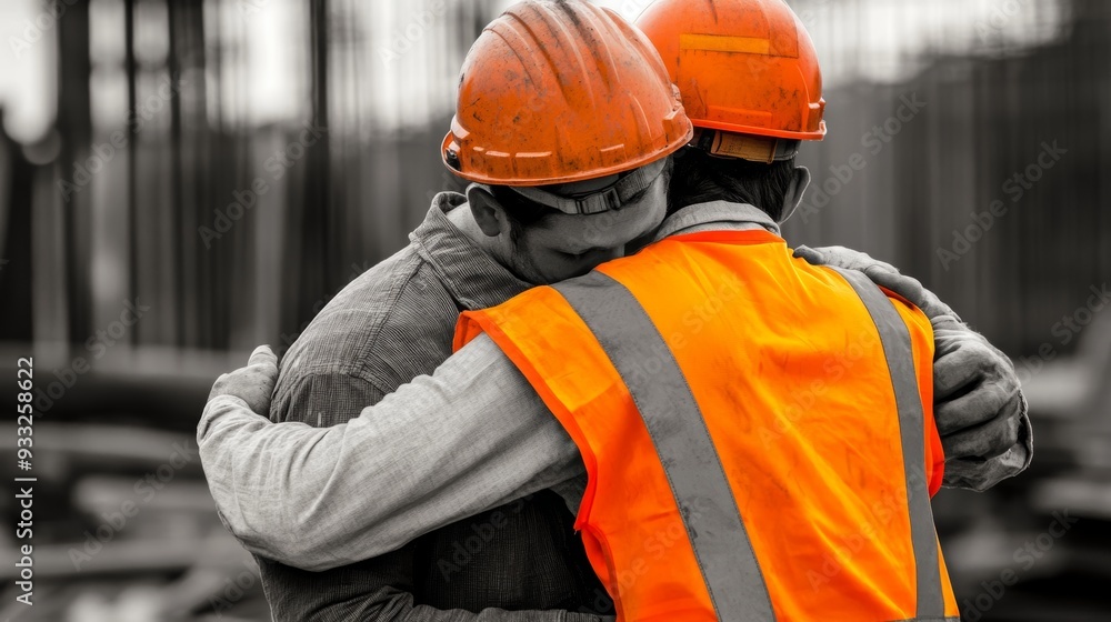 Happy construction workers embracing on construction site Happy construction workers embracing on construction site