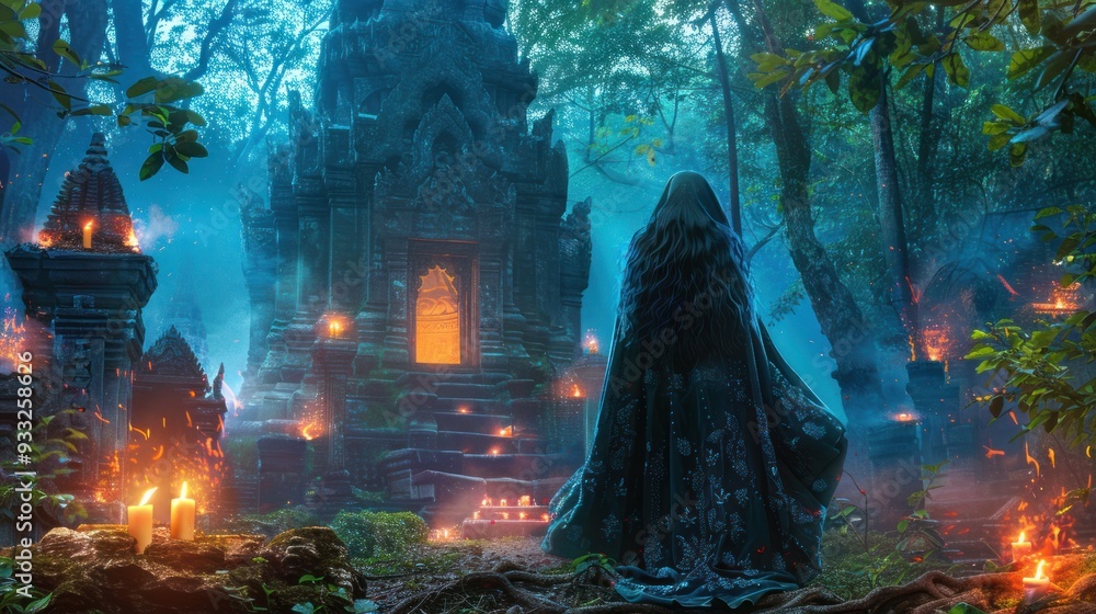 A woman with long black hair and a flowing black robe stands in the forest, surrounded by candles. He looks at the ancient temple, in front of which a fire is burning. A woman with long black hair and a flowing black robe stands in the forest, surrounded by candles. He looks at the ancient temple, in front of which a fire is burning.