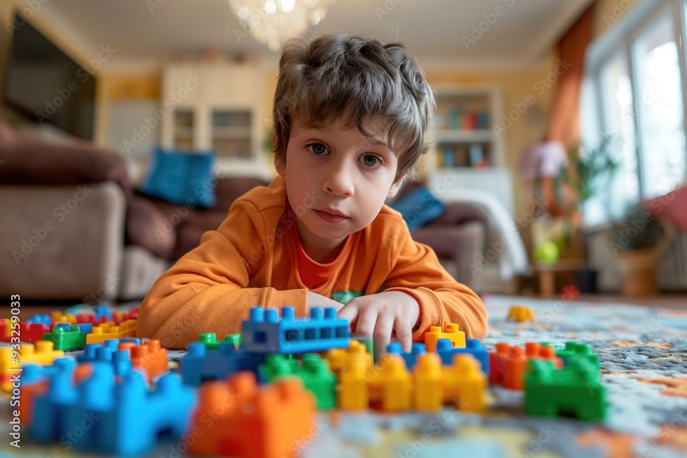Portrait of a child with autism playing with colorful building blocks, deeply focused and happy Portrait of a child with autism playing with colorful building blocks, deeply focused and happy