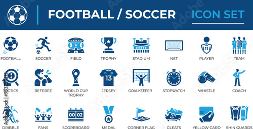Football and Soccer Icon Set featuring essential elements like players, field, trophy, and more. Perfect for sports websites, apps, and presentations. Editable vector graphics for customization.