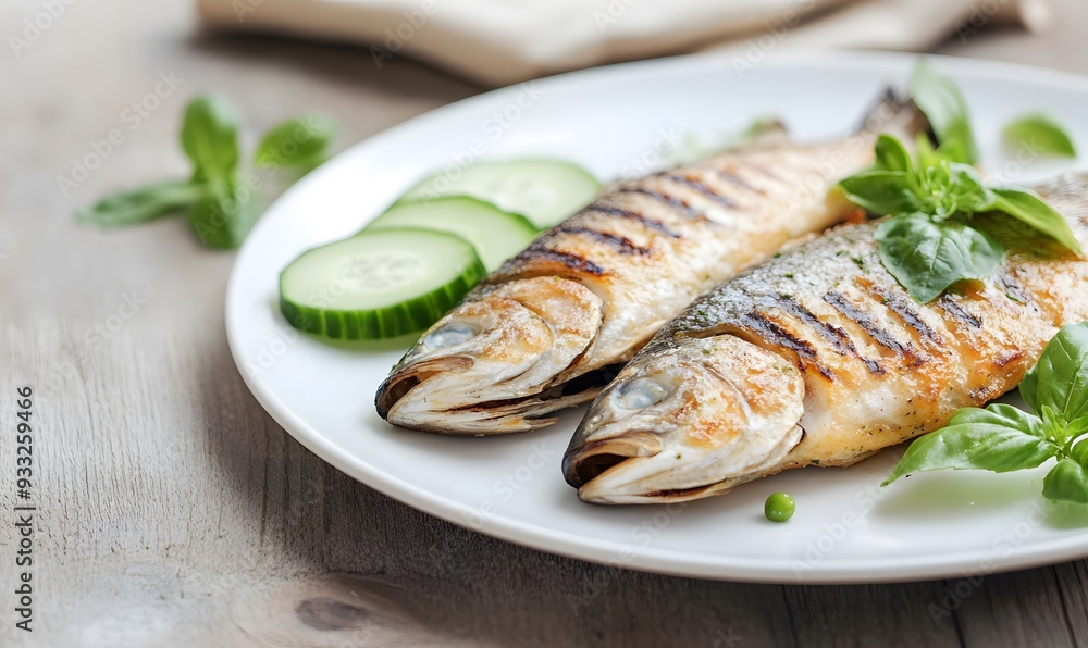 fish grilled as and cucumber slice , Generative AI fish grilled as and cucumber slice , Generative AI