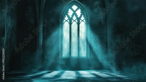 A single, large arched window casts a blue light onto a dark stone floor in an empty, ominous room.