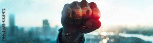 A closeup of a clenched fist against a cityscape background, symbolizing strength, determination, and resilience.