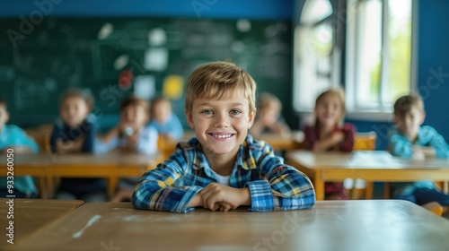 cute schoolboy sitting at the desk, smiling, looking at the camera during the lesson