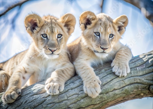 Two adorable lion cubs frolic and play on a sturdy tree branch, their fur fluffy, eyes bright, and paws entwined as they lounge in the sun.