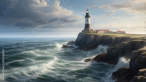 The open sea stretching to the horizon, with waves crashing against a rugged coastline, and a lighthouse standing tall on the cliff, guiding ships safely home.