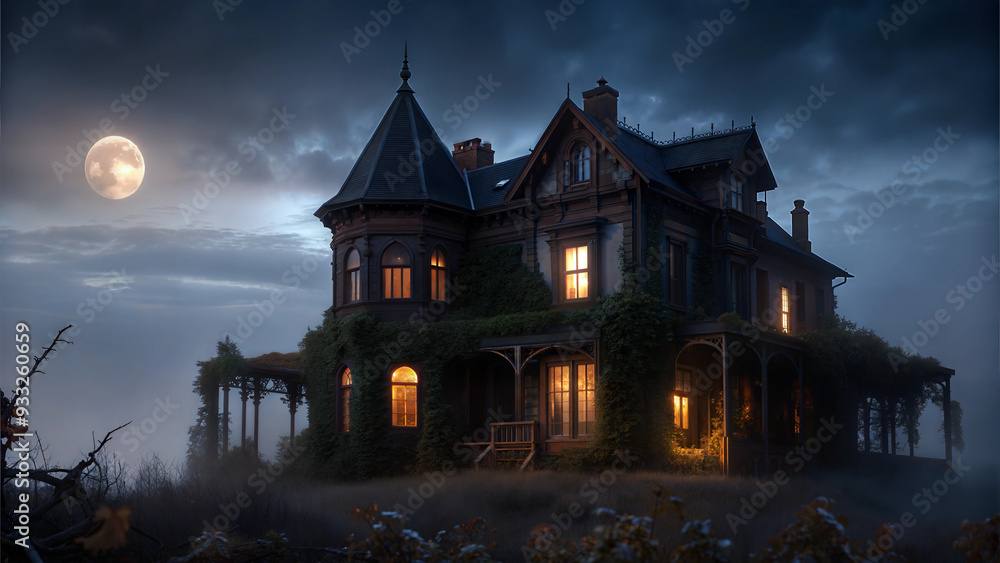 Obraz premium Haunted house at night with a full moon, eerie atmosphere and glowing windows, gothic style