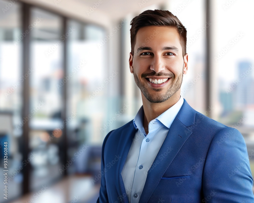 Handsome businessman in a blue suit, smiling, against a blurred modern office interior with cityscape view, close-up portrait with copy space on the right. Handsome businessman in a blue suit, smiling, against a blurred modern office interior with cityscape view, close-up portrait with copy space on the right.