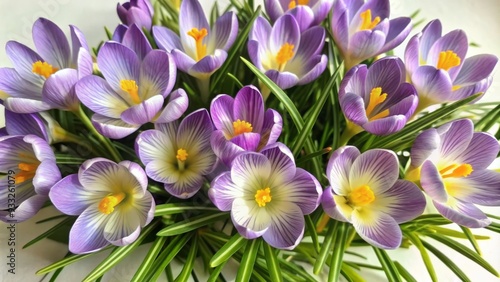 Delicate purple crocus flowers with yellow centers and slender stems are arranged artfully on a crisp white background, showcasing their intricate beauty in a flat lay composition. photo