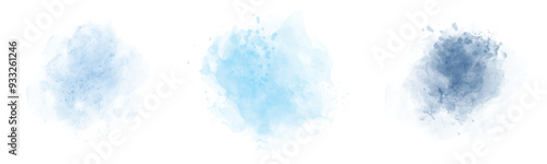 Set of abstract Blue watercolor water splash on a white background. Vector watercolor texture in Blue color. Ink paint brush stain. Blue splatters spot. Watercolor pastel splash