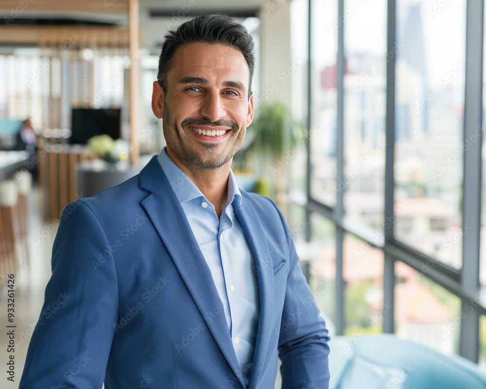 Handsome businessman in a blue suit, smiling at the camera, with a modern office interior and cityscape in the background, copy space on the right. Handsome businessman in a blue suit, smiling at the camera, with a modern office interior and cityscape in the background, copy space on the right.