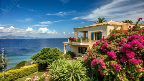 Serene seashore villa surrounded by lush greenery and vibrant bougainvillea flowers in full bloom, set against a warm sunny sky with turquoise ocean views.