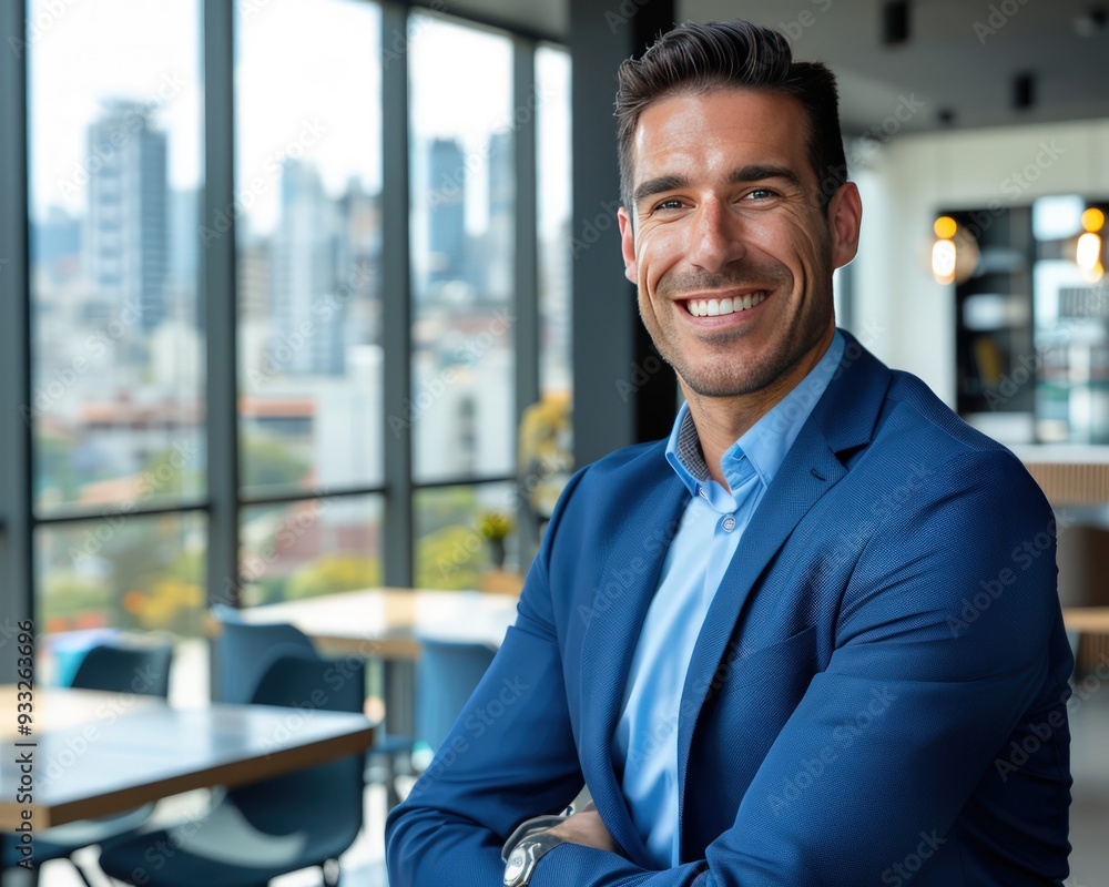Handsome businessman in a blue suit, smiling at the camera, with a modern office interior and cityscape in the background, copy space on the right. Handsome businessman in a blue suit, smiling at the camera, with a modern office interior and cityscape in the background, copy space on the right.