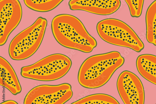 ripe papaya fruit seamless pattern, tropical background- vector illustration
