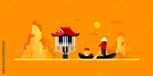 Boat ride to One Pillar Pagoda - colored vector illustration with buddhist shrine in the center of Hanoi and peasant woman in national dress, moving along the river at sunset or sunrise. Asian nature