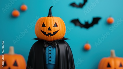 Playful Pumpkin Character in 3D Vampire Costume on Colorful Halloween Night with Copy Space, Selective Focus.