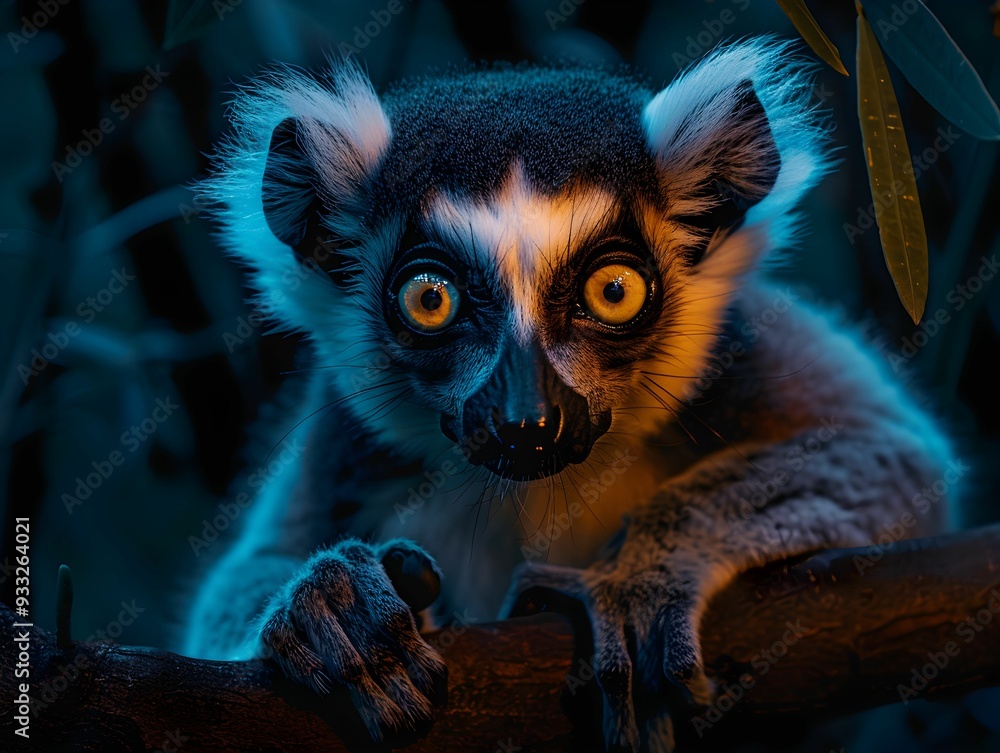 A curious lemur gazes intently from a branch in a dimly lit forest at twilight A curious lemur gazes intently from a branch in a dimly lit forest at twilight