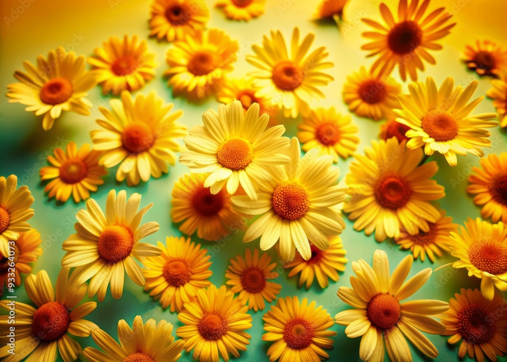 Delicate daisy blossoms in various sizes scatter across a light blue paper structured frame background, surrounding a blank central copy space, evoking a sense of serenity. Delicate daisy blossoms in various sizes scatter across a light blue paper structured frame background, surrounding a blank central copy space, evoking a sense of serenity.