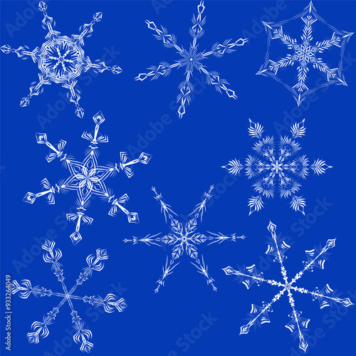 A set of amazingly beautiful snowflakes. Each one is individual and looks like the real thing. Vector illustration