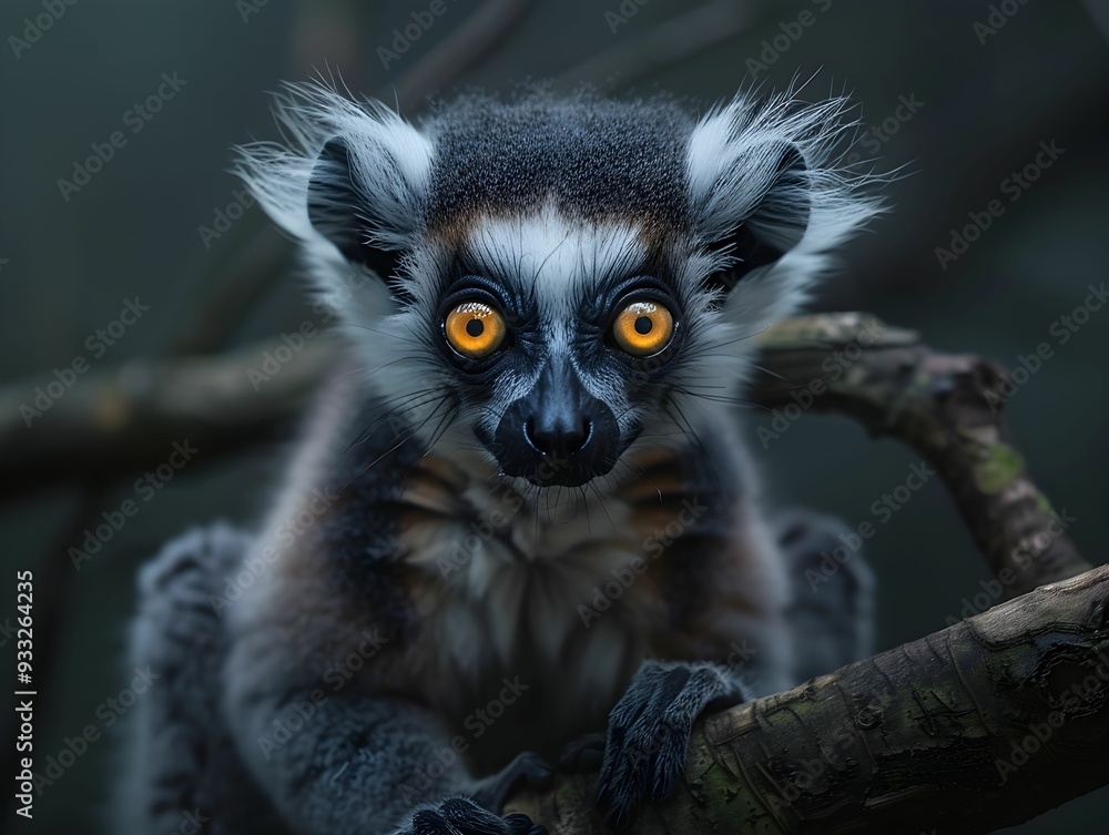 A lemur perched on a branch in a dark forest habitat during twilight A lemur perched on a branch in a dark forest habitat during twilight
