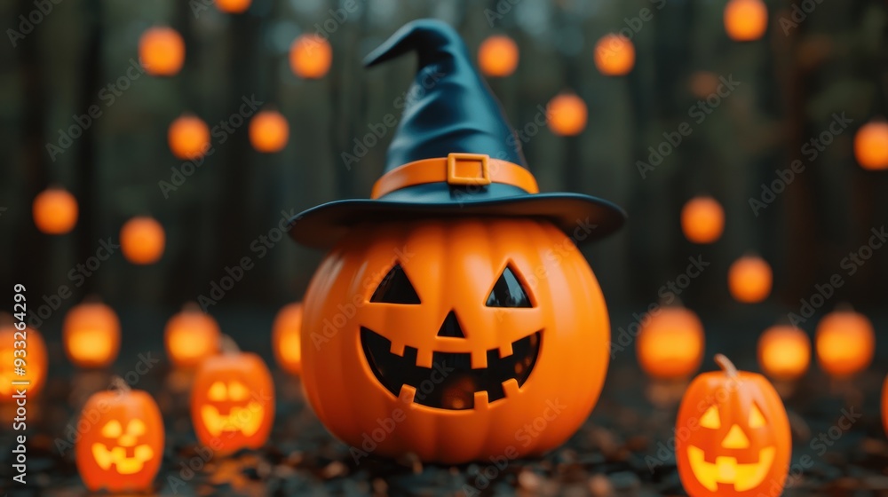 Naklejka premium Playful Cartoon Pumpkin Character in Witch Costume Surrounded by Halloween Lanterns in Dark Forest