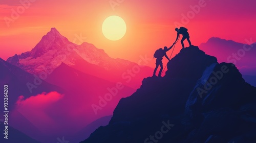 Silhouettes of two people climbing on mountain and helping. Teamwork of two men hiker helping each other on top of mountain. Help and assistance concept
