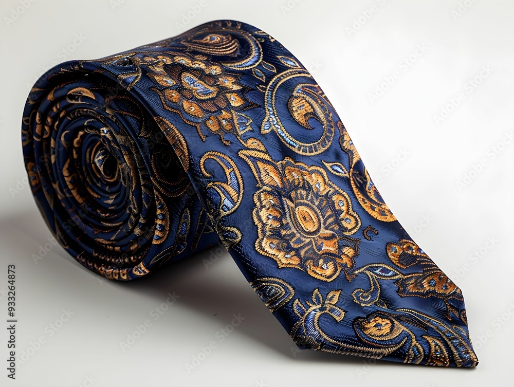 Elegant blue floral tie with intricate patterns placed on a neutral background Elegant blue floral tie with intricate patterns placed on a neutral background