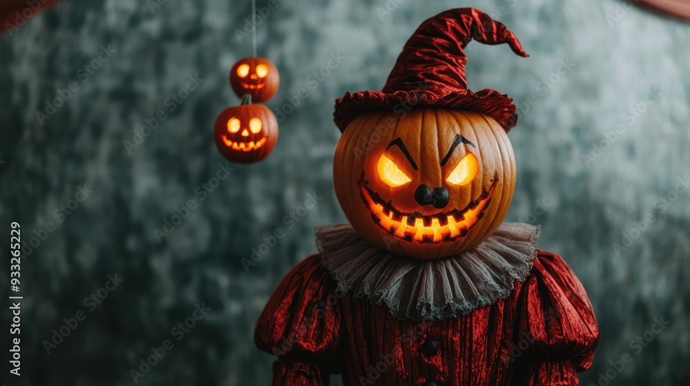 Naklejka premium Spooky Halloween Clown Pumpkin Juggling Jackolanterns in Creepy Circus Tent Costume with Copy Space, Ultra HD
