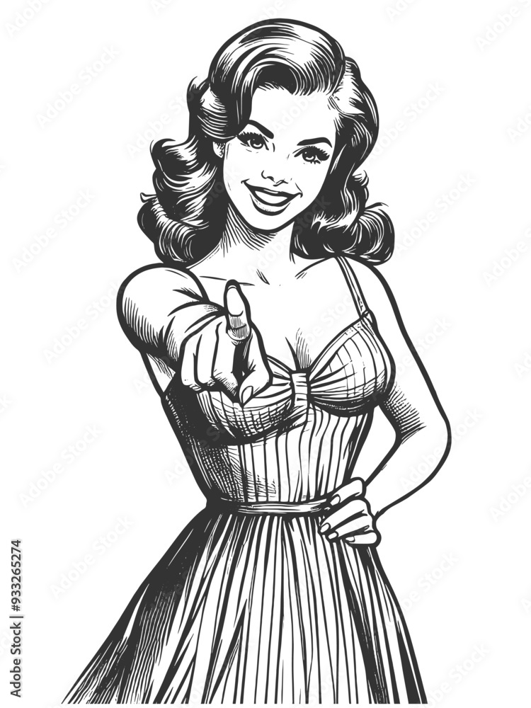 Fototapeta premium cheerful woman with curled hair smiling and pointing her finger directly at the viewer in playful manner sketch engraving generative ai fictional character vector illustration. Black and white image