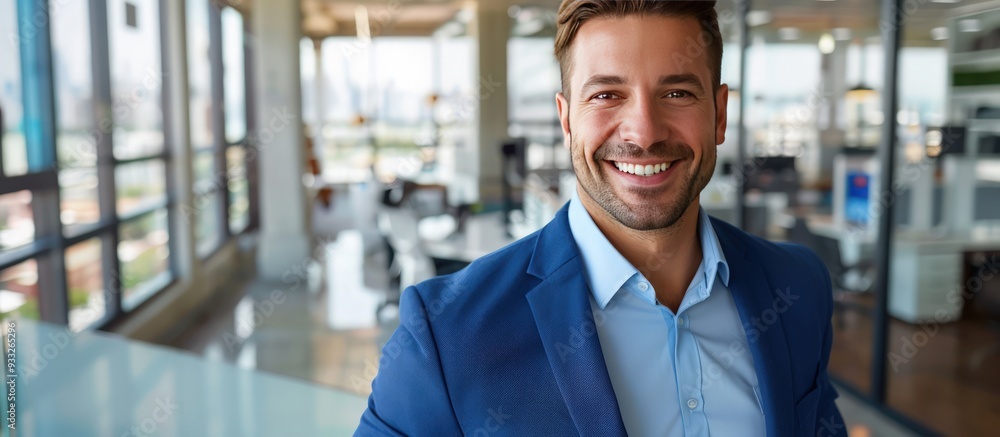 Handsome businessman smiling in a blue suit, close-up, with a modern office interior and panoramic cityscape view, copy space on the right. Handsome businessman smiling in a blue suit, close-up, with a modern office interior and panoramic cityscape view, copy space on the right.
