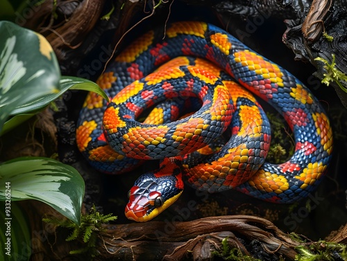 A brightly colored snake resting among leaves and branches in a natural habitat during daylight