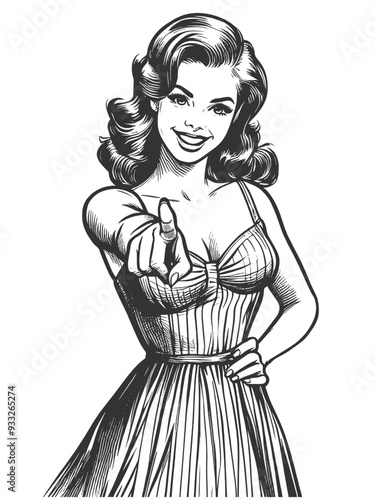 cheerful woman with curled hair smiling and pointing her finger directly at the viewer in playful manner sketch engraving generative ai fictional character vector illustration. Black and white image
