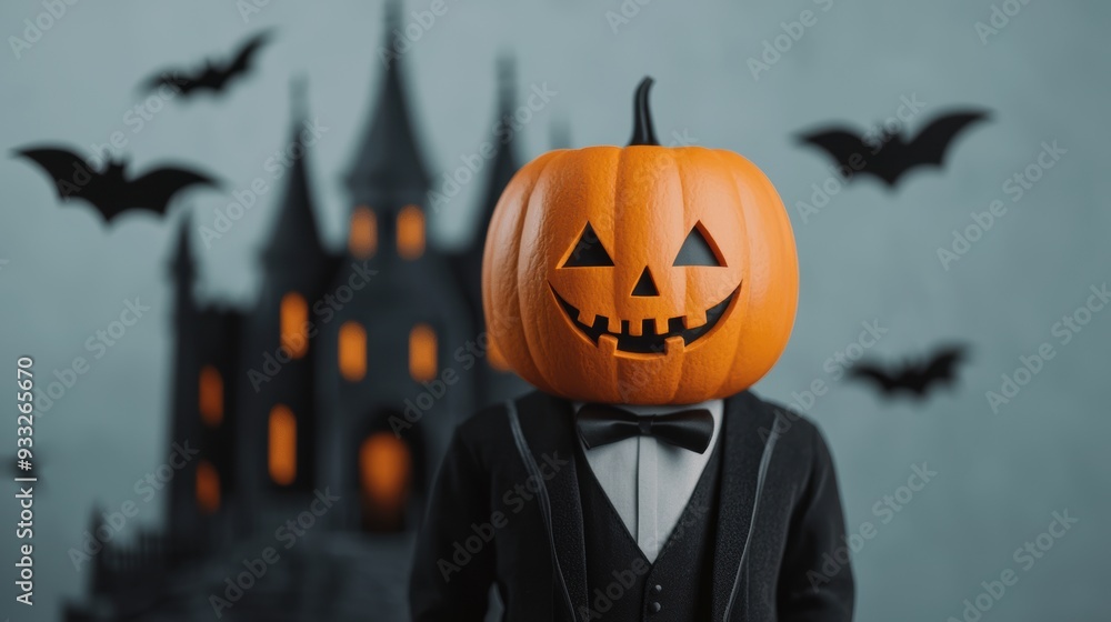 Spooky Cartoon Pumpkin in Dracula Costume by Gothic Castle with Flying Bats for Halloween Concept - Quality Image with Copy Space Spooky Cartoon Pumpkin in Dracula Costume by Gothic Castle with Flying Bats for Halloween Concept - Quality Image with Copy Space