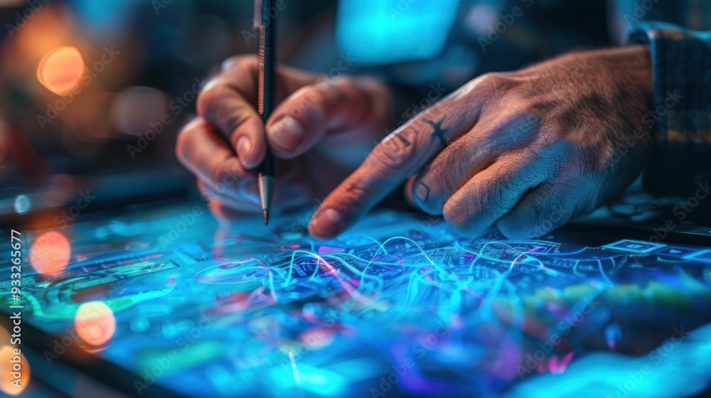 Hand view using stylus on graphics tablet, creating complex digital illustrations on screen. Hand view using stylus on graphics tablet, creating complex digital illustrations on screen.