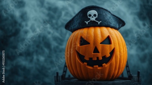 Wallpaper Mural Spooky Cartoon Pumpkin Pirate Captain Leading Ghostly Crew on Haunted Ship in Stormy Halloween Adventure Torontodigital.ca