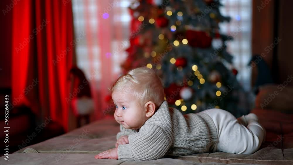 Little blond baby boy wearing warm grey sweater and white pants lies on his belly. Infant is trying to crawl by the sofa. Christmas tree at backdrop in blur. Little blond baby boy wearing warm grey sweater and white pants lies on his belly. Infant is trying to crawl by the sofa. Christmas tree at backdrop in blur.