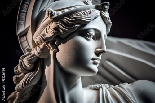 Renaissance marble statue of Athena. She is the Goddess of wisdom, warfare, and handicraft. Athena in Greek mythology, known as Minerva in Roman mythology.