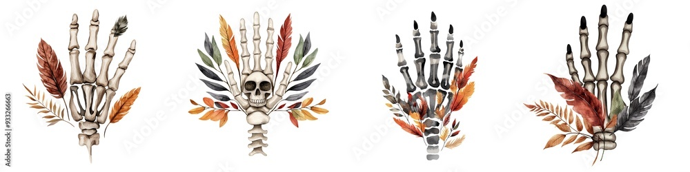 Fototapeta premium Artistic illustration of skeletal hands adorned with feathers and leaves, blending nature and anatomy for creative designs.