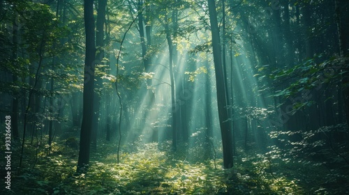 A view of a dense forest with sunlight filtering through the trees, creating an amazing light effect on the forest floor.