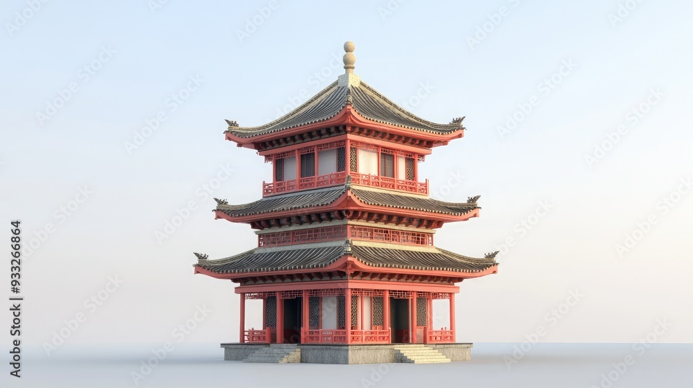 A three-story red pagoda with intricate details against a white background. A three-story red pagoda with intricate details against a white background.