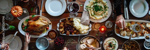 An overhead shot of a Thanksgiving buffet table, featuring turkey, mashed potatoes, gravy, cranberry sauce, and stuffing photo