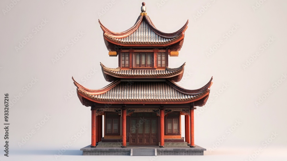 A traditional Chinese pagoda with red pillars, a layered roof, and intricate detailing stands against a white background. A traditional Chinese pagoda with red pillars, a layered roof, and intricate detailing stands against a white background.