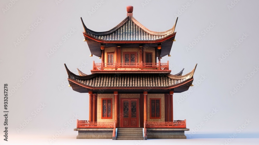 A traditional Chinese pagoda with a red roof and a white background. A traditional Chinese pagoda with a red roof and a white background.