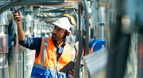 Professional Asian man engineer in safety uniform working on digital tablet at outdoor construction site rooftop. Industrial technician worker maintenance checking building exterior air HVAC systems.